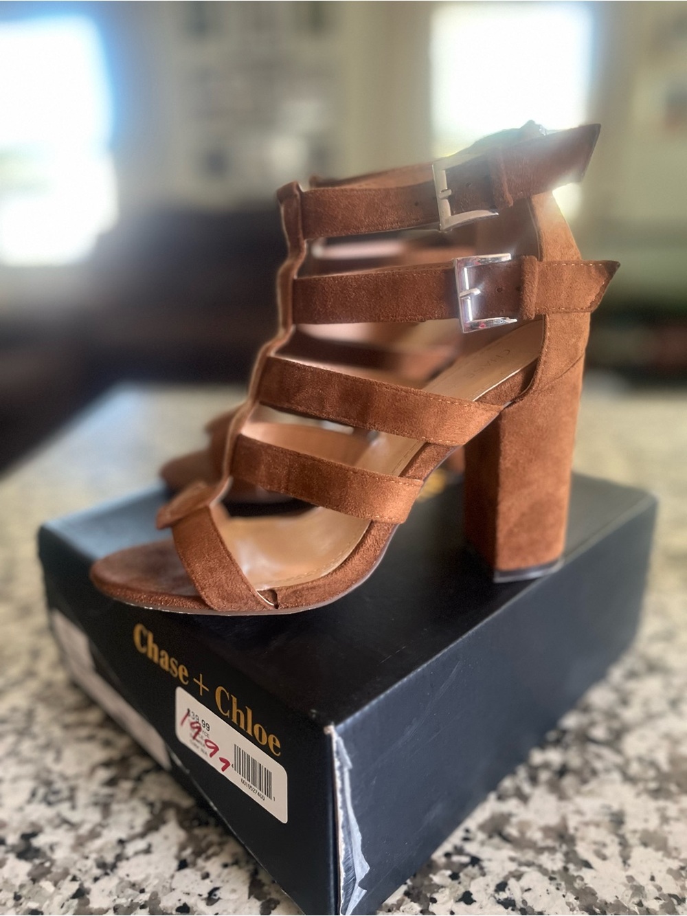 Chase + Chloe Tan Suede Strappy Block Heel Sandals